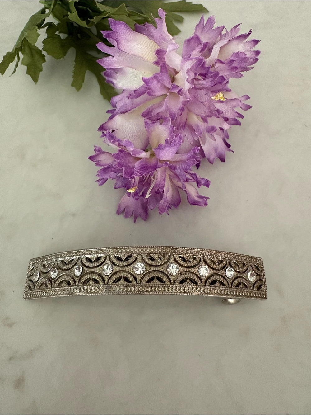 Vintage Style Silver Filigree Rhinestone French Barrette Hair Clip